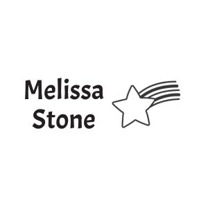 Black self-inking textile stamp impression featuring a shooting star artwork design and customized child's name, Melissa Stone.