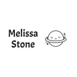 Black self-inking textile stamp impression featuring a cute smiling planet with ring graphic and custom child's name, Melissa Stone.