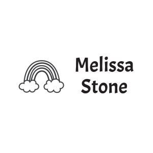 Black self-inking textile stamp impression featuring a playful rainbow graphic and customized child's name, Melissa Stone.