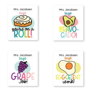 Four cute food pun teacher reward sticker designs featuring cinnamon roll, avocado, grape, and egg graphics with custom teacher text.