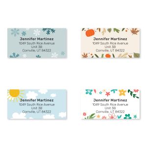 Four Seasons of The Year sheeted address labels showcasing colorful illustrated designs for winter, autumn, summer, and spring beside crisp text.