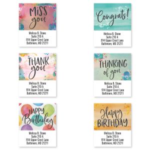 Six rectangular watercolor return address labels featuring phrases like Miss You and Happy Birthday above personalized 4-line name and address text.