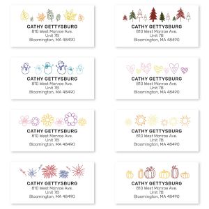 Eight colorful holiday address label designs featuring seasonal illustrations like fall leaves, pine trees, hearts, and flowers.