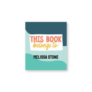 Square bookplate label with teal and blue color-block design featuring text 