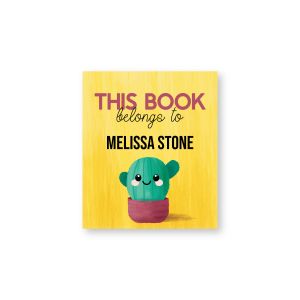 Rectangular bookplate label with a yellow background, cute smiling cactus in a pot, and text 