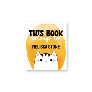 Personalized bookplate label featuring a cute white cat illustration with 
