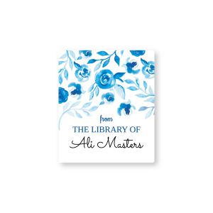 Personalized bookplate label featuring a blue watercolor floral border around 'from THE LIBRARY OF' text and custom owner name.