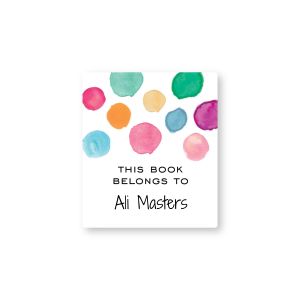 Personalized bookplate label featuring colorful watercolor polka dots above 'THIS BOOK BELONGS TO' text and a customizable owner name line.