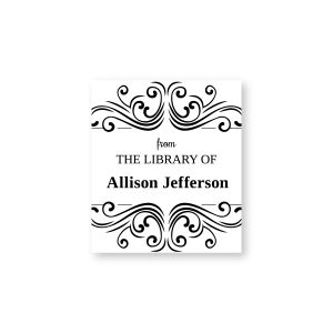 Black and white personalized bookplate label featuring ornate scrollwork flourishes with 