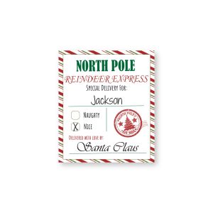 Rectangular holiday gift label with striped border reading 