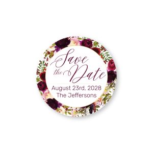 Round Save the Date label featuring a burgundy and pink fall floral border, elegant script typography, and customized date and family name.