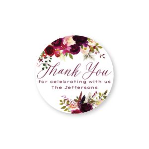 Fall Floral Thank You round label featuring rich burgundy floral watercolor arrangements and custom text for celebrating with us.