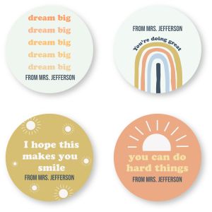 Four round positivity encouragement sticker designs featuring colorful artwork, uplifting phrases, and custom name FROM MRS. JEFFERSON.