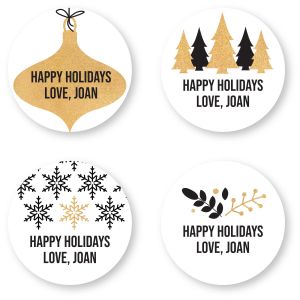 Four round holiday gift tag sticker designs in black and gold featuring an ornament, trees, snowflakes, and botanical sprigs.
