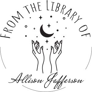 Circular celestial bookplate stamp impression featuring hands reaching toward a crescent moon and stars with 