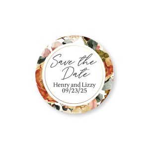 Round burnt orange event sticker featuring elegant white text reading 