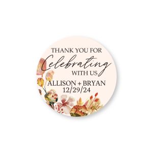 Round burnt orange event sticker featuring elegant script reading 