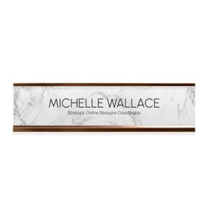 A personalized rectangular desk name plate featuring an elegant white marble texture frame, displayed centered against a clean white background.