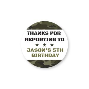 Round sticker featuring a green camo pattern border and custom text reading 