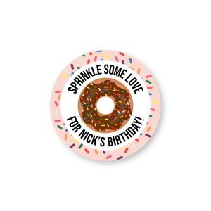 Round sticker featuring a chocolate frosted donut with sprinkles and custom text reading 