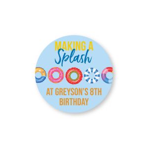 Round pool party sticker featuring colorful inflatable floats, 'MAKING A Splash' lettering, and custom birthday party text on light blue.