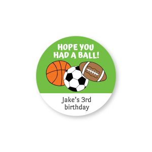 Round sports sticker featuring basketball, football, and soccer graphics around custom text reading 