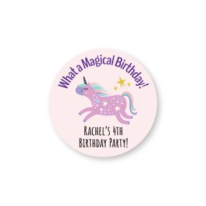 Round sticker featuring a pink unicorn illustration, stars, and text reading 