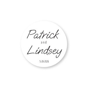 Single round personalized wedding sticker featuring minimalist script typography with the couple's names and wedding date on a clean backdrop.