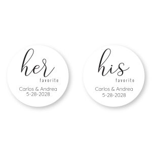 Pair of round wedding favor stickers featuring elegant script reading 