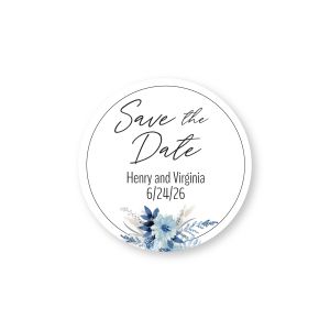 Round Save the Date label featuring blue floral greenery illustration, script text, and custom names 