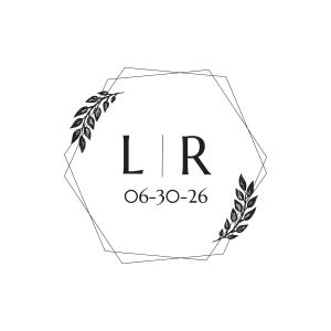 Hexagonal geometric save-the-date stamp design featuring couple initials L and R, a wedding date, and delicate botanical leaf accents.