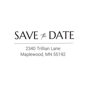 Minimalistic Save the Date stamp impression featuring modern typography reading 
