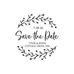 Round Foliage Save the Date stamp impression featuring botanical leaf sprigs, script lettering, custom wedding date, and names.