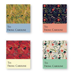 Four floral holiday gift tag designs with solid color borders, botanical patterns, and customizable 