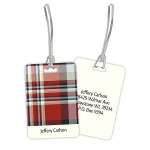 Front and back views of a custom luggage tag showcasing a red plaid pattern on one side and personalized text on the other white side.