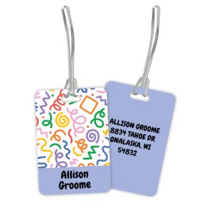 Rectangular plastic bag tag displaying a vibrant geometric abstract pattern of colorful squiggles and shapes with a clear loop strap attached.