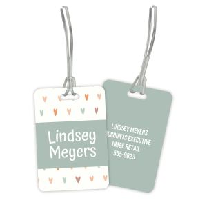 Double-sided rectangular pastel hearts plastic luggage tag with clear flexible loop straps showing both personalized front name and back contact info.