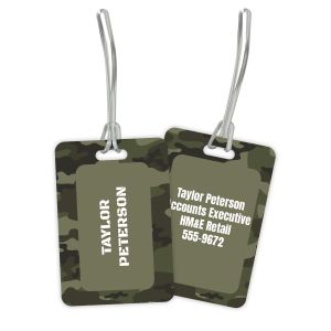 Front and back view of a double-sided camouflage luggage tag with personalized name and contact info with clear plastic strap.