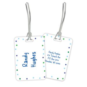 Double-sided rectangular blue polka dot plastic luggage tag with clear flexible loop straps showing both personalized front and back side details.