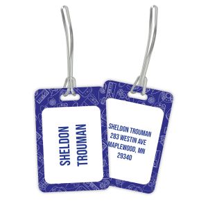 Rectangular plastic video game luggage tag featuring a blue controller pattern border and custom text reading 