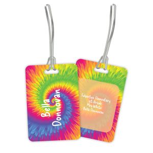 Vibrant tie-dye plastic luggage tag set displaying a colorful rainbow front with custom name alongside the orange back with contact details.