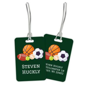 Double-sided rectangular sports plastic luggage tag with clear flexible loop strap showing both custom front name panel and back address layout.