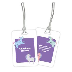 Double-sided rectangular unicorn plastic luggage tag with clear flexible loop straps showing both custom front name and back address panel.