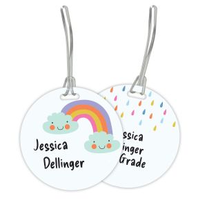 Personalized Round Rainbow luggage tag displaying a cute rainbow illustration on the front and colorful raindrops on the back.