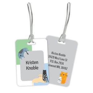 Front and back view of a double-sided plastic Kitty-Cat luggage tag with clear hanging straps showing personalized name and address text.