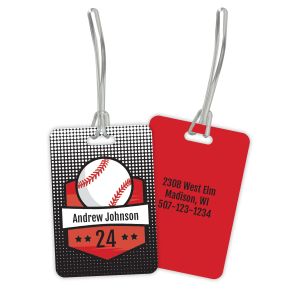Double-sided plastic luggage tag featuring a baseball motif, customizable name and jersey number on front, and custom contact details on red back.