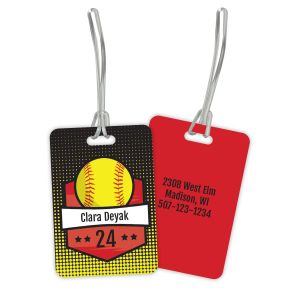Black and red personalized softball bag tag showcasing front graphic with player name and number next to back contact information.