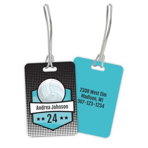 Black and teal personalized volleyball luggage tag displaying front graphic with player name and number next to back contact details.