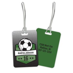 Rectangular soccer luggage tag with black checkered background, soccer ball design, player name 