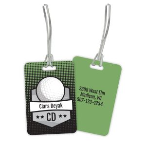 Front and back view of a double-sided golf luggage tag featuring a golf ball design, custom name, initials, and contact info with clear plastic strap.